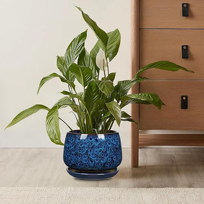 Blue Ceramic Planter Pots with Drainage Holes, Set of 2 7''+5'' Saucers and Mesh Pads Large Round Plant Pot for Indoor-Outdoor Plants, Succulent Orchid Flower