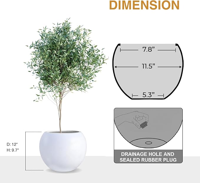 9.7" H x 12" D Globo Fiberstone Round Planter with Drainage Hole, Smooth Finishes, Weather Resistant for Indoor and Outdoor Use, Included 2 Extra Coco Mats (White, 7.8" Pot Opening)
