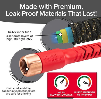 Pocket Hose Copper Head Expandable Garden Hose 100 ft with Pocket Pivot, No Tangles, AS SEEN ON TV, 360° Swivel, Tri-Tex Tubing, Force Field Jacket, Lead-Free, No-Kink, Anti-Burst w/APT