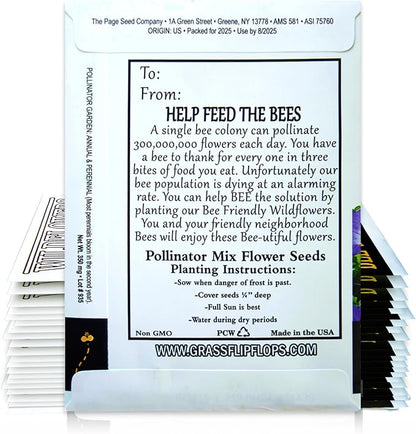 Pack of 20 Pre-Filled Flower Seed Packets for Pollinators Wedding Party Favors Bridal Shower School Events Thank You Events Memorials Earth Day- Save The Bees Assorted Bee Friendly Flower Seeds