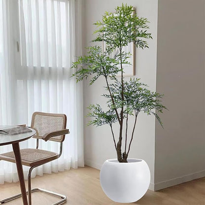 13.5 H x 17" Dia (12" Pot Opening) White Round Fiberstone Tall Planter with Drainage Hole, Indoor/Outdoor Large Plant