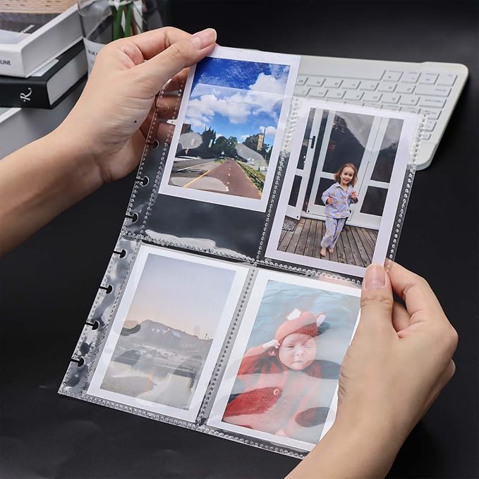 Discbound Photo Album with Clear PET Cover 20 Sheets Clear PP Sleeves 8 Discs Bound Organizer Left Side Open Pockets for Cash Money Stickers Photos Cards (8 Rings 4 Pockets)