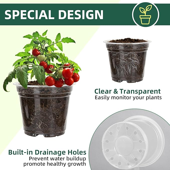 40 Pack10 & 8 Inch Large Clear Nursery Pots with Drainage,Plastic Ideal Seedling Pots and Plant Pots for Plants,Vegetables,Orchids,Aloe,Indoor Outdoor Use