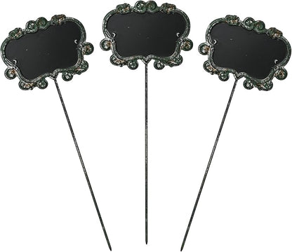 Set of 3 Vintage Green Metal Garden Markers with Chalkboard - Rustic Plant Labels for Indoor/Outdoor Flower Beds, Vegetable Gardens