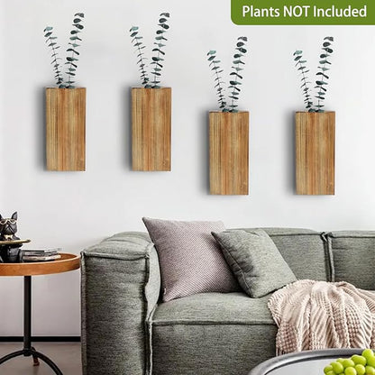 Wood Wall Planters 4 Pack Wood Wall Decor for Dried Flowers and Artificial Greenery Plants - Pocket Wall Vases Hanging Planters for Living Room, Bedroom, Home Decor - Brown