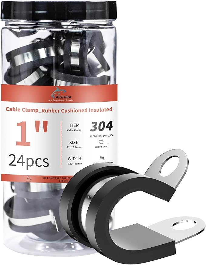 AKIHISA 24Pcs 1 Inch Cable Clamps, 304 Stainless Steel Conduit Clamps, for Cable, Pipe, Hose, Fuel Line, Metal Wire Cord Installation