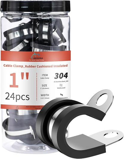 AKIHISA 24Pcs 1 Inch Cable Clamps, 304 Stainless Steel Conduit Clamps, for Cable, Pipe, Hose, Fuel Line, Metal Wire Cord Installation