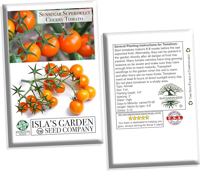 Sunsugar Hybrid Supersweet Cherry Tomato Seeds, 20 Seeds Per Packet, (Isla's Garden Seeds), Non GMO & Heirloom Seeds, Scientific Name: Lycopersicon lycopersicum, Great Home Garden Gift