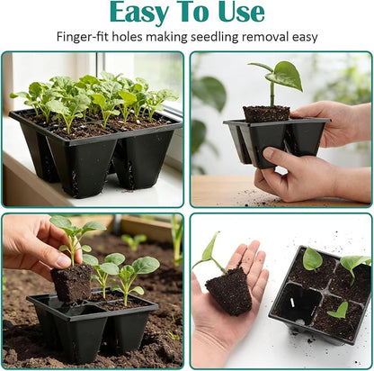 40 Pack Reusable 4-Cell Seed Starter Tray for Seedlings, Deep Large Cell Plant Starter Trays with Drainage Holes for Seed Germination, Easy Transplant, Fits Standard 1020 Flats, Black