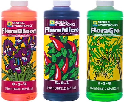 General Hydroponics FloraSeries Hydroponic Nutrient Fertilizer System Trial Pack with FloraMicro, FloraBloom and FloraGro, 1 qt.