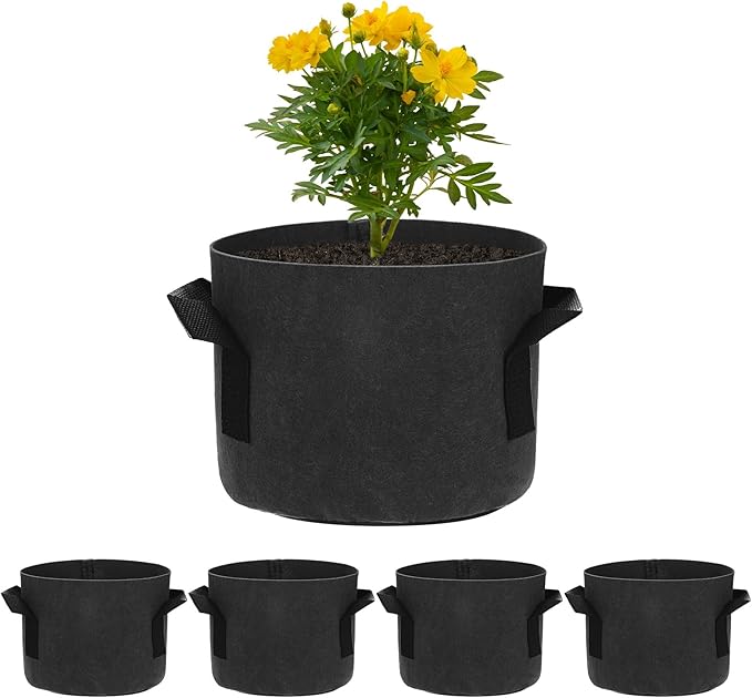 5-Pack Plant Grow Bags 1 Gallon Grow Bags 300G Thickened Fabric Pots with Durable Handles Plant Garden Grow Pots for Fruits/Vegetables/Flowers/Plants [Black]