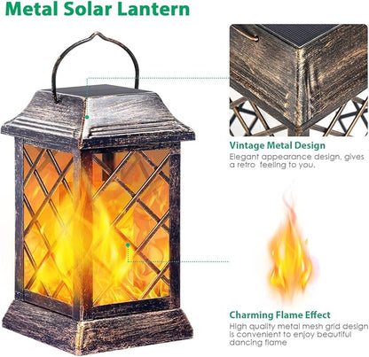 TomCare Solar Lights Outdoor Flickering Flame Metal Solar Lantern Outdoor Hanging Decorative Lanterns Heavy Duty Waterproof Umbrella Decorations Lighting for Patio Garden Deck Yard, 2 Pack (Bronze)