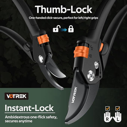 VOTREK® Pruning Shears for Gardening, [Patented Stepless Handle Opening] - Plant Scissors with Ultra-Sharp SK5 Steel for Weak Hand, Universal Fit for All Hand Sizes, Effortlessly Cuts 1-Inch Branches
