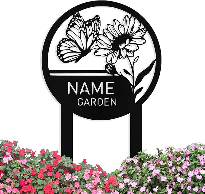 Custom Metal Garden Sign with Stake, Personalized Butterfly Flower Garden Signs for Outside, Customized Garden Name Signs for Yard Lawn Outdoor Decor Gardening Gifts for Moms Grandmas Gardeners