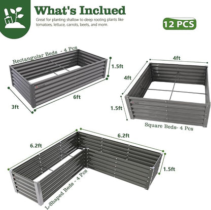 A ANLEOLIFE 12-Piece 18 Inch Tall Raised Garden Beds Kit, L-Shaped, Square & Rectangular Metal Planters for Flexible Backyard Layouts, Quartz Grey