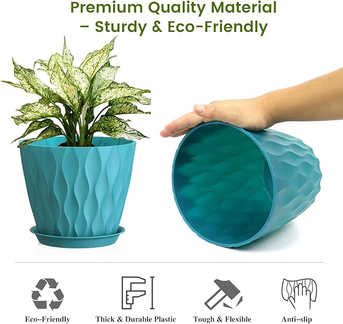 8 Inch Plant Pots, 4 Pack Plastic Planters for Indoor Outdoor with Drainage Holes & Saucers, Waffle Texture Flower Pots for Indoor Plants, Indoor Plant Pots for Monstera, Fiddle Leaf Fig Blue