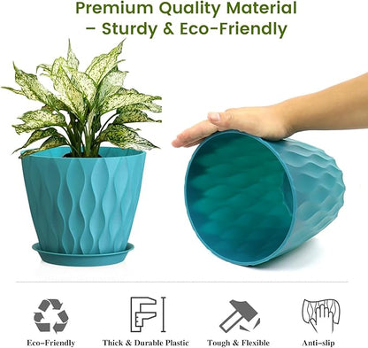 8 Inch Plant Pots, 4 Pack Plastic Planters for Indoor Outdoor with Drainage Holes & Saucers, Waffle Texture Flower Pots for Indoor Plants, Indoor Plant Pots for Monstera, Fiddle Leaf Fig Blue