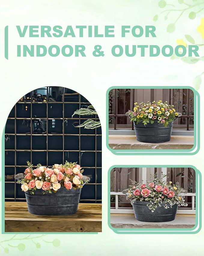Galvanized Metal Oval Planter Buckets with Handles – 3 Pcs Rustic Farmhouse Flower Tubs with Drain Holes & Plugs, Vintage Small Pots for Herbs, Succulents, Wedding or Tabletop Decor (Galvanized Black)