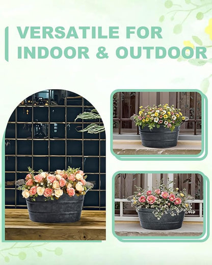 Galvanized Metal Oval Planter Buckets with Handles – 3 Pcs Rustic Farmhouse Flower Tubs with Drain Holes & Plugs, Vintage Small Pots for Herbs, Succulents, Wedding or Tabletop Decor (Galvanized Black)