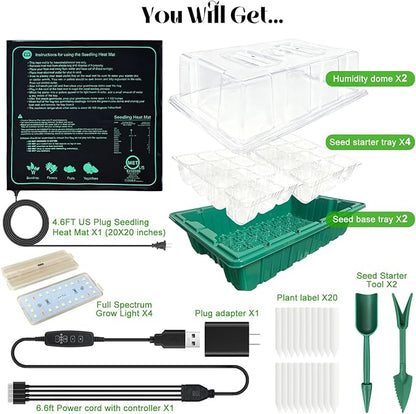 Seed Starter Trays with Grow Lights and Heat Mat, 2 Pack Seed Starter Kit with Humidity Dome and Timing Controller, Adjustable Vent and Brightness, Ideal Germination Tray for Seed Starting and Growing