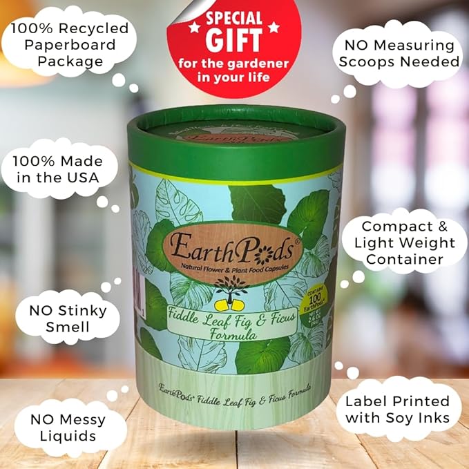 EarthPods® Premium Fiddle Leaf Fig Plant Food Capsules (100 Count) Specialized Bio Organic Fertilizer for Monstera, Pothos, Calathea, Ficus, Elephant Ear, Dracaena (Organic + Vegan + Made in USA)