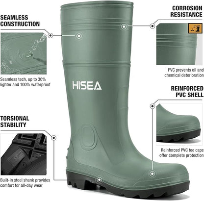 HISEA Men's Rain Boots PVC Rubber Boots with Steel Shank Waterproof Garden Fishing Outdoor Work Boots Durable Slip Resistant Mud Rainboots for Agriculture and Industrial Working