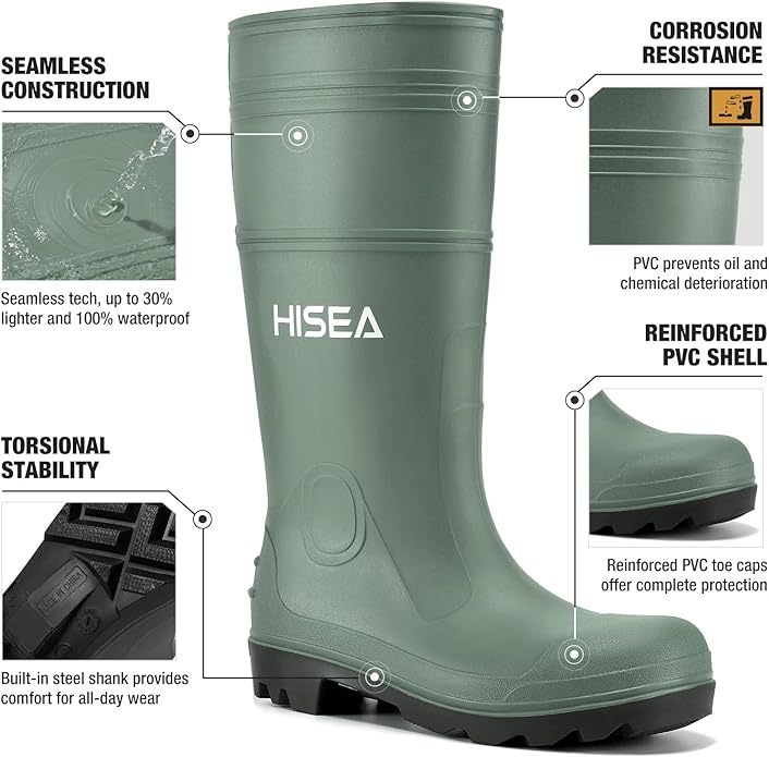 HISEA Men's Rain Boots PVC Rubber Boots with Steel Shank Waterproof Garden Fishing Outdoor Work Boots Durable Slip Resistant Mud Rainboots for Agriculture and Industrial Working