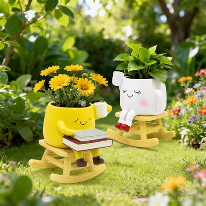 Smily Face Rocking Chair Planter - Cute Resin Book Coffee Succulents Plant Pots with Drainage Hole for Indoor Outdoor Garden, Gift IdeaI for Mother Appreciation Christmas (White and Yellow)