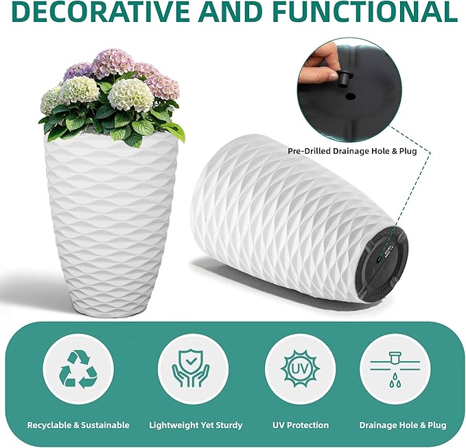 19" H Coastal Planter for Indoor/Outdoor Plants, Set of 2 Large Flower Pot with Drainage Hole, Weather/UV Resistant Resin Planters for Garden Patio Porch Home Office Decor, Matte White Wavy