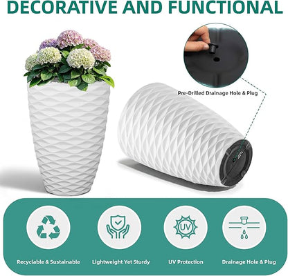 19" H Coastal Planter for Indoor/Outdoor Plants, Set of 2 Large Flower Pot with Drainage Hole, Weather/UV Resistant Resin Planters for Garden Patio Porch Home Office Decor, Matte White Wavy