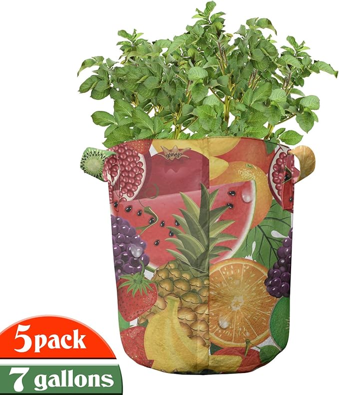 Ambesonne Colorful Grow Bags 5-Pack, Tropical Fresh Fruits, Heavyduty Fabric Pots with Handles for Plants, Scarlet