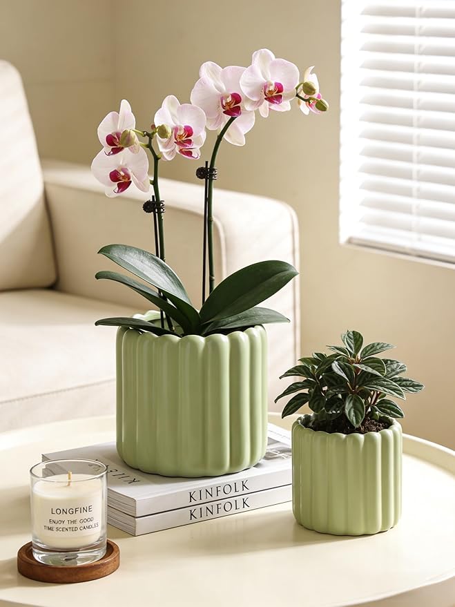 Ceramic Plant Pots,6 inch+4.7 Inch Planter Pot with Drainage Holes,Ceramic Planters for Indoor Plants,Modern Flower Pots for Indoor Outdoor Plants House & Office Décor,Green