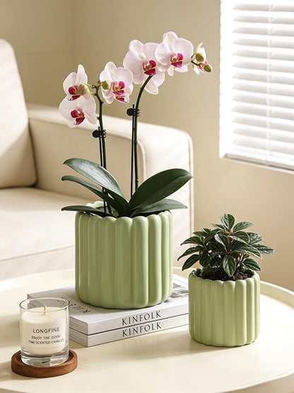 Ceramic Plant Pots,6 inch+4.7 Inch Planter Pot with Drainage Holes,Ceramic Planters for Indoor Plants,Modern Flower Pots for Indoor Outdoor Plants House & Office Décor,Green