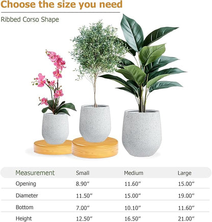 16.5" H x 15" D Ribbed Corso Fiberstone Round Tapered Planter with Drainage Hole, Weather Resistant, Included 2 Extra Coco Mats (Ribbed Speckled White, 11.5" Pot Opening)