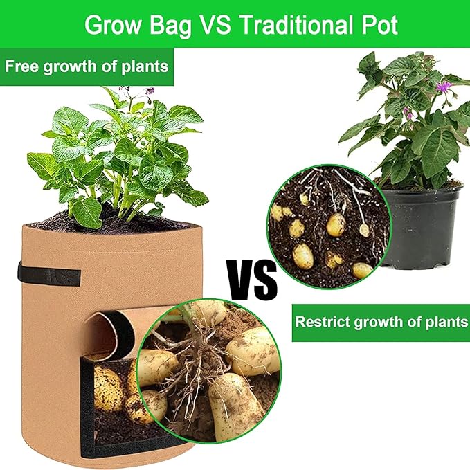 JJGoo 4 Pack Potato Grow Bags 10 Gallon with Flap, Heavy Duty Fabric Grow Bags with Handle and Harvest Window, Non-Woven Planter Pot Plant Garden Bags to Grow Vegetables Potato Tomato, Brown