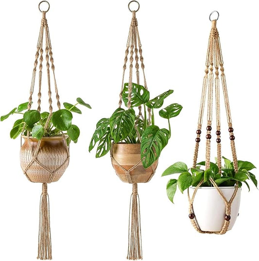 Mkono Set of 3 Macrame Plant Hangers Indoor Jute Hanging Planter Basket Classic Style and No Tassels Style, 35"/40"