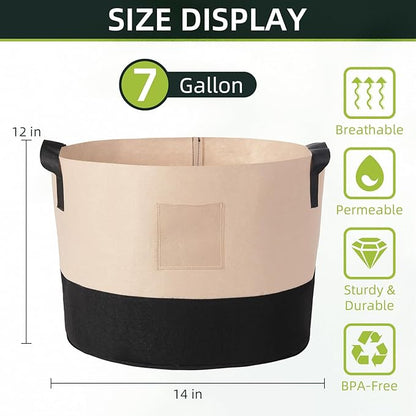 LITLANDSTAR 7 Gallon Fabric Grow Bags, 10 Pack Heavy Duty Thickened Nonwoven Plant Grow Bags with Handles and Label Bags, Fabric Plant Pots for Growing Vegetables Flowers Herbs (Black Mixed Camel)