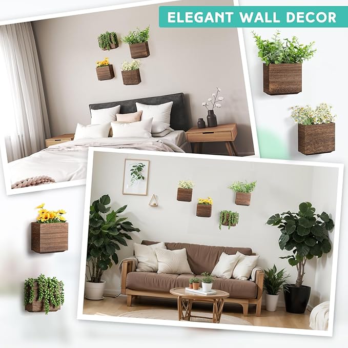 Qinyoung 4 Pack Wood Wall Planters Natural Hanging Plant Pots 5.5 x 5 Inches Natural Farmhouse Wall Hanging Decor Vase for Indoor Dried Flowers and Faux Greenery