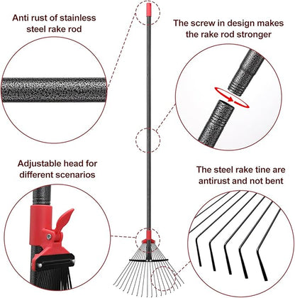 61 Inch Rake for Leaves , Adjustable 18 Tines with Expandable Head 9-18in Grass Rake Heavy Duty Metal Rakes for Women Children Yard Gardener Gardening Grass Debris Lawns