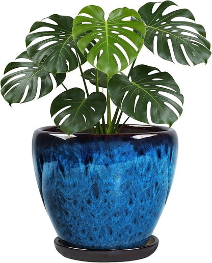 Ceramic Plant Pots with Saucer,10 inch Glaze Large Planters for Indoor Plants with Drainage Holes, Decorative Flower Pots Outdoor,Modern Orchid Pots for Home Room Decor