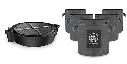 AC Infinity 5-Gallon Fabric Pots & Self-Watering Bases Bundle – 5 Grow Bags with 4 Auto-Irrigation Saucers for Indoor Tents, Greenhouses, Outdoor Gardens, Fruits & Vegetables