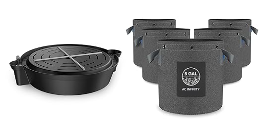 AC Infinity 5-Gallon Fabric Pots & Self-Watering Bases Bundle – 5 Grow Bags with 4 Auto-Irrigation Saucers for Indoor Tents, Greenhouses, Outdoor Gardens, Fruits & Vegetables