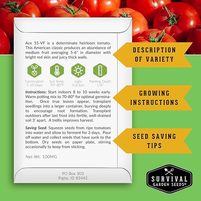 Tomato Seeds 10 Variety Pack for Planting - Roma, Cherry, Aunt Ruby's Green, Orange Cherry, Mortgage Lifter, Brandywine, & More - Non-GMO Heirloom Tomatoes - Survival Garden Seeds