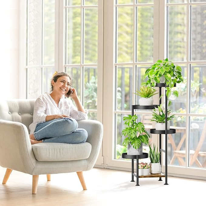 Plant Stand Indoor Outdoor, 5 Tier Metal Flower Pot Shelf Holder Clearance, Tall Corner Rack for Multiple Plants, Modern Organizer Display for Patio Orchid Office Porch Living Room Garden, Black