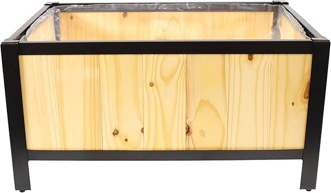 Sunnydaze Steel-Framed Acacia Wood Rectangular Planter Box - 15.5" H Wooden Raised Garden Bed with Removable Planter Bag - Natural