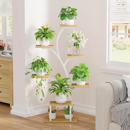 Plant Stand Indoor with Grow Lights, 7 Tiered Indoor Plant Shelf, 49" Corner Plant Stands for Indoor Plants, Metal Plant Flower Display Shelf, Tree-Shaped Plant Rack for Home, Patio, Natural