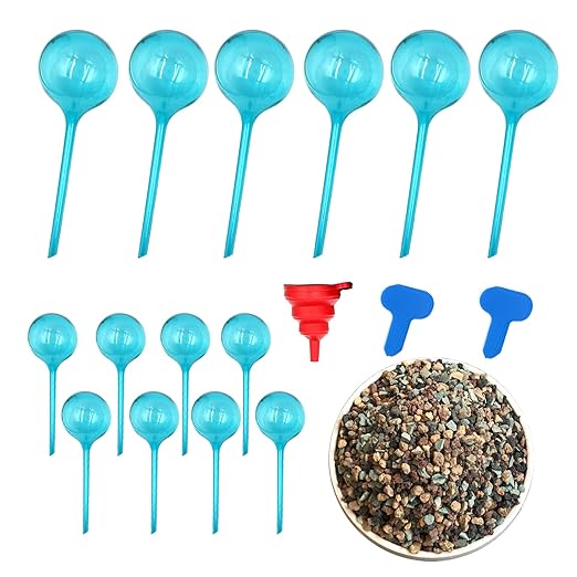 Plastic Self Watering Globes for Plants,14 PCS Plant Watering Globes,with Funnel+Label+Mix Rocks,Plastic Automatic Devices Watering Globe for Indoor Outdoor Plants, Garden,Flowers,Vacation Plant Care