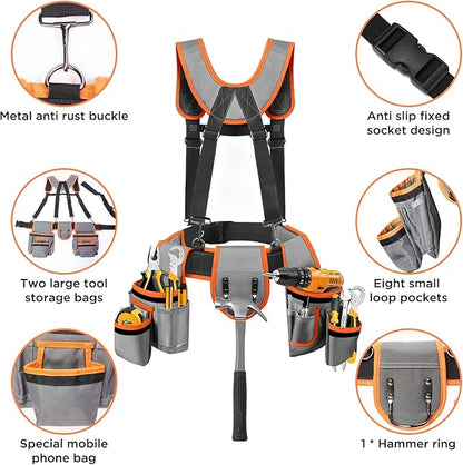 Tool Belt with Suspenders, Tool Belts for Men, Magnetic Wristband & Detachable Pouch – Heavy Duty Adjustable Belt for Electricians, Carpenters, DIY, Construction,Gift (Gray-Orange, Universal)