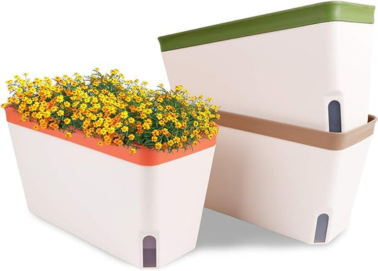 OurWarm Windowsill Herb Planter Box, Set of 3 Self Watering Plant Pots, 10.5 Inch Rectangular Planter Pot, Decorative Garden Flower Pots for Indoor Plants, Herbs, Vegetables, Flowers (3 Colors)