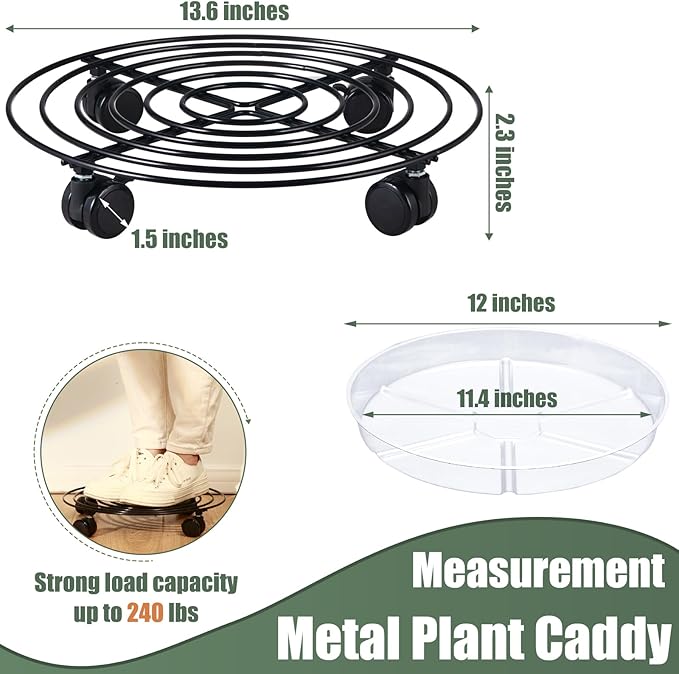 6 Packs 14 Inches Large Metal Plant Caddy with Wheels Rolling Plant Stands Heavy-duty Wrought Iron Plant Roller Base Pot Movers Plant Saucer on Wheels Indoor Outdoor Plant Dolly with Casters Planter Tray
